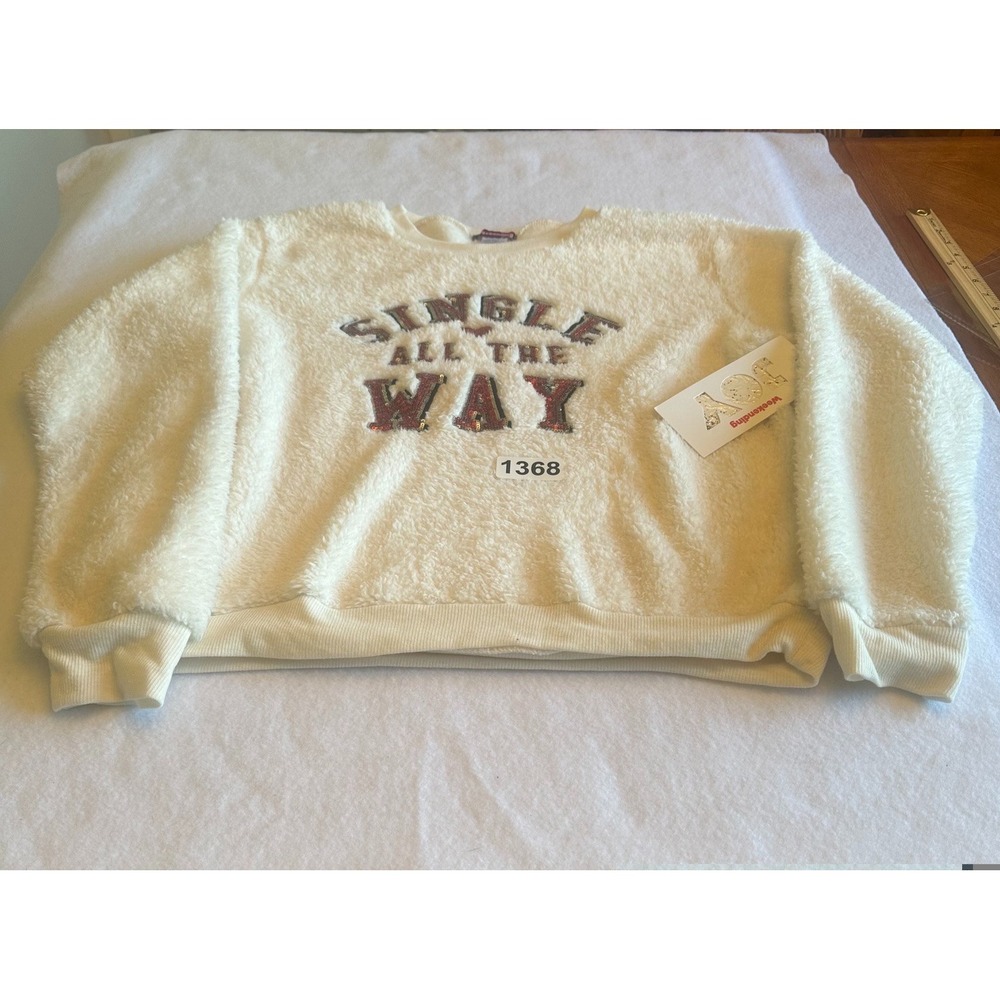Weekending Cream Sherpa Fleece Single All The Way Sequin Sweatshirt Large NWT